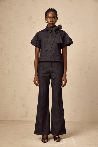Roxane indigo-blue contrast-stitching denim blouse & jeans matching set