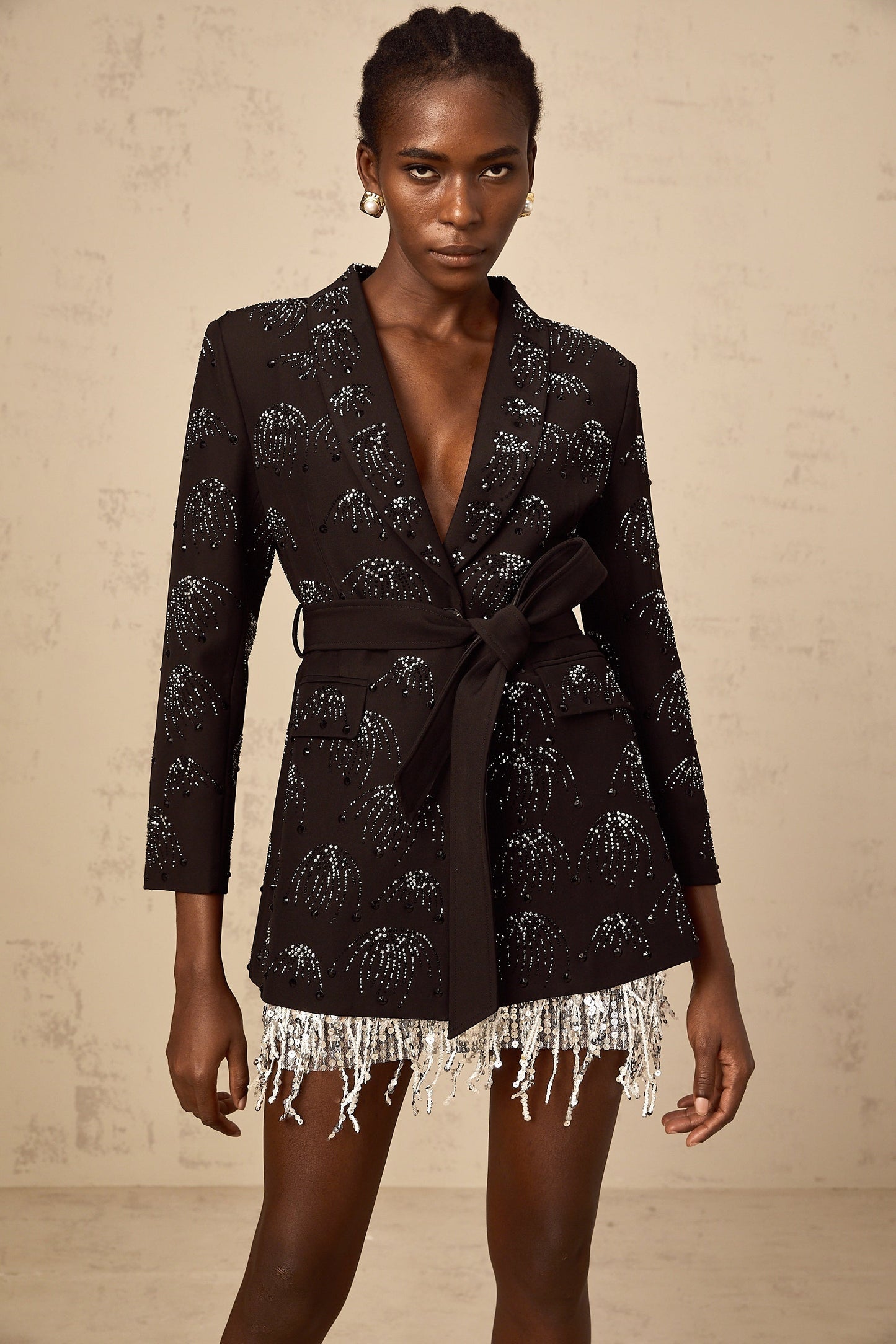 Cerise black rhinestone belted blazer