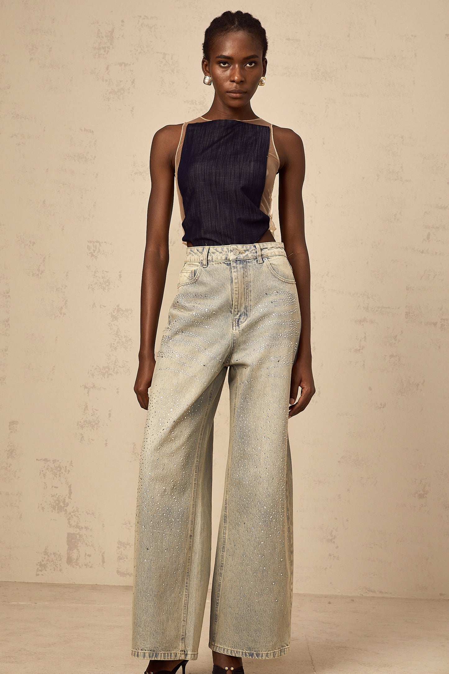 Sandrine blue denim semi-sheer bodysuit