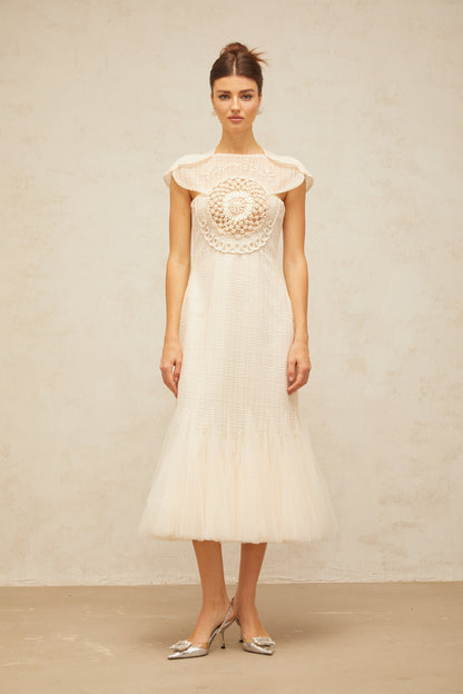 Bérengère white jacquard tulle-panel midi dress