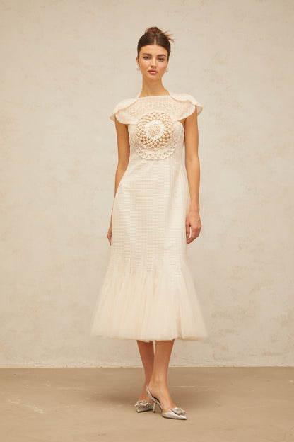 Bérengère white jacquard tulle-panel midi dress