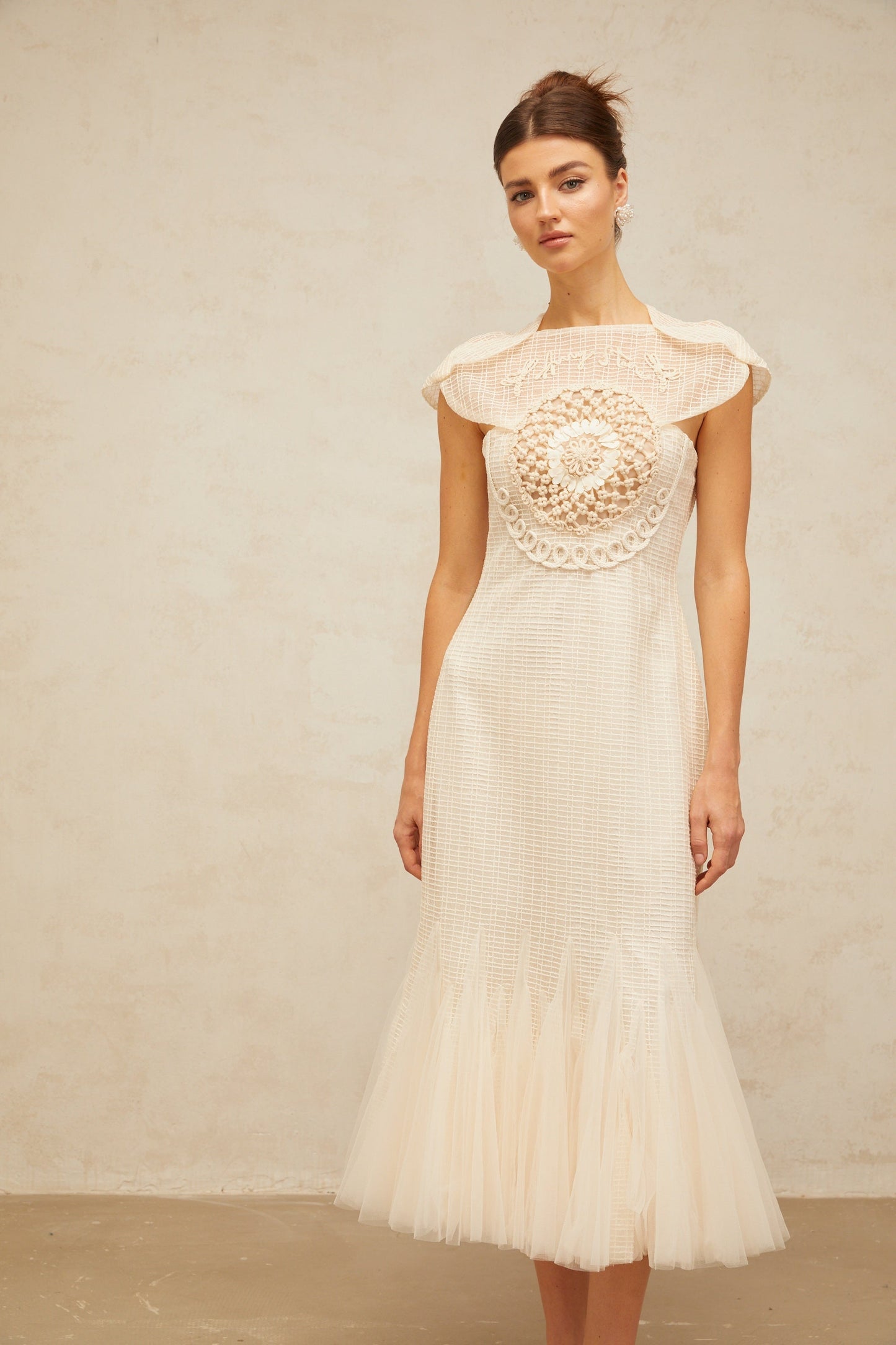 Bérengère white jacquard tulle-panel midi dress