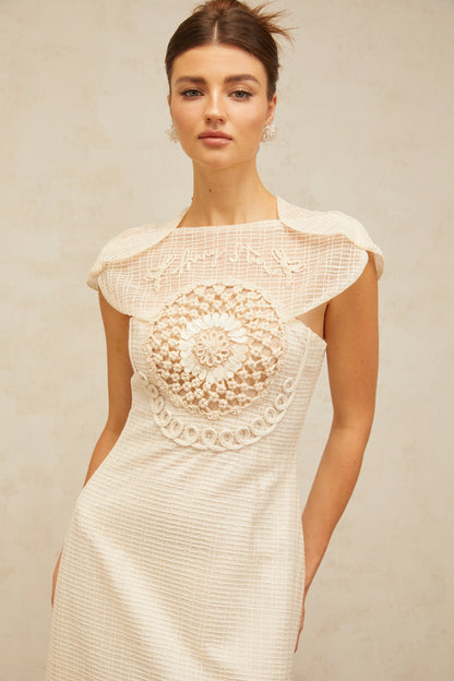 Bérengère white jacquard tulle-panel midi dress