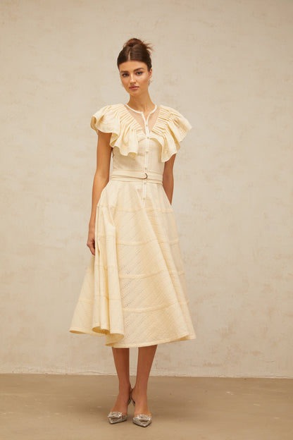 Irène neutrals belted pointelle-trim ruffled midi dress