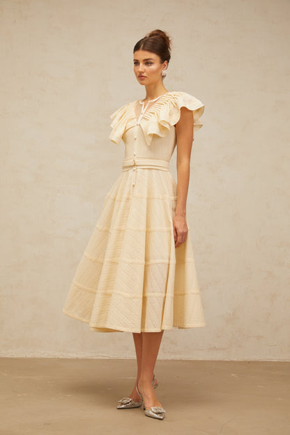 Irène neutrals belted pointelle-trim ruffled midi dress