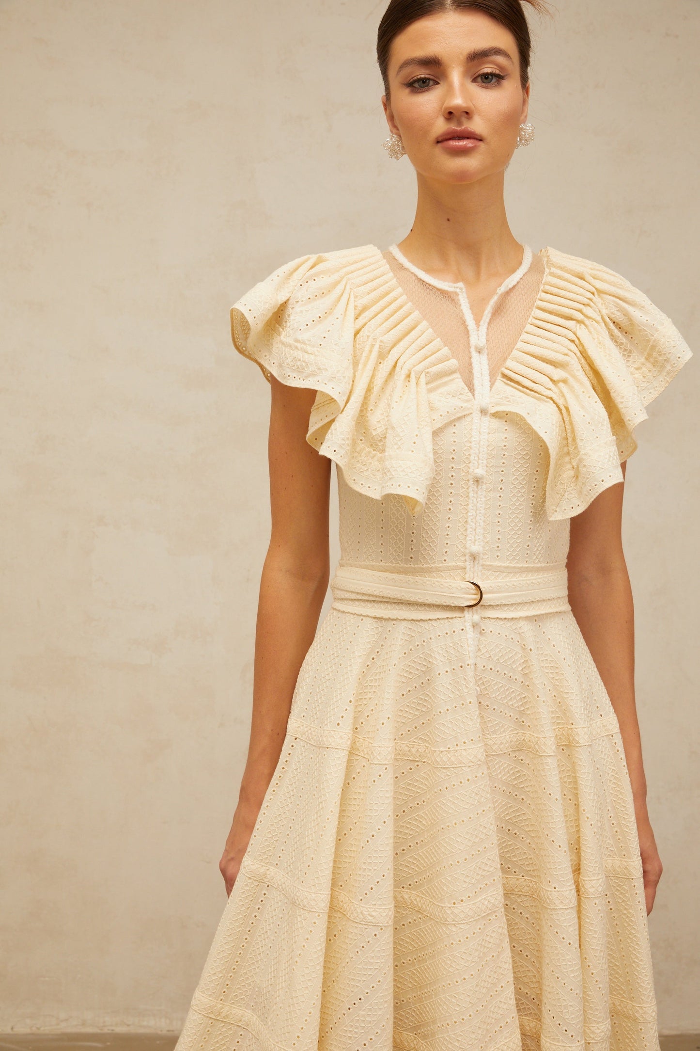 Irène neutrals belted pointelle-trim ruffled midi dress