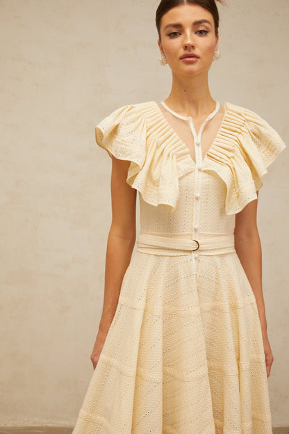 Irène neutrals belted pointelle-trim ruffled midi dress