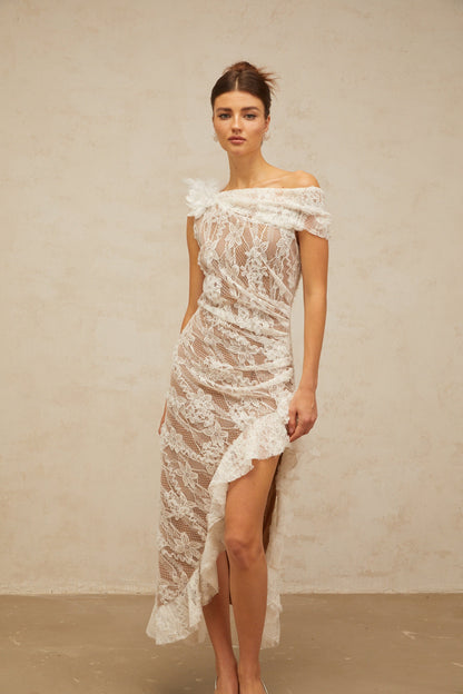 Suzanne white asymmetrical floral-lace midi dress