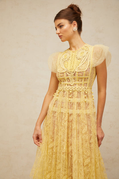 Véronique yellow embroidered-lace pleated midi dress
