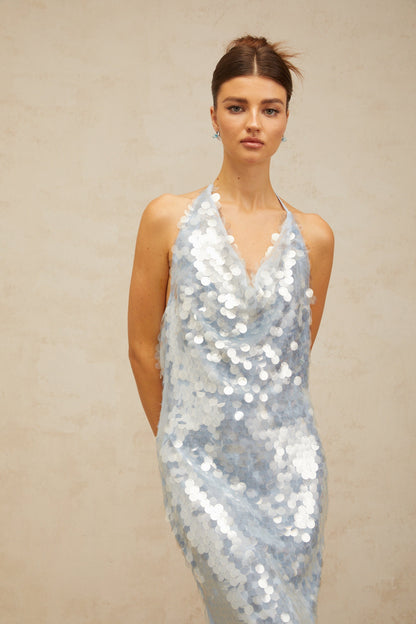 Babette blue halterneck sequined midi dress