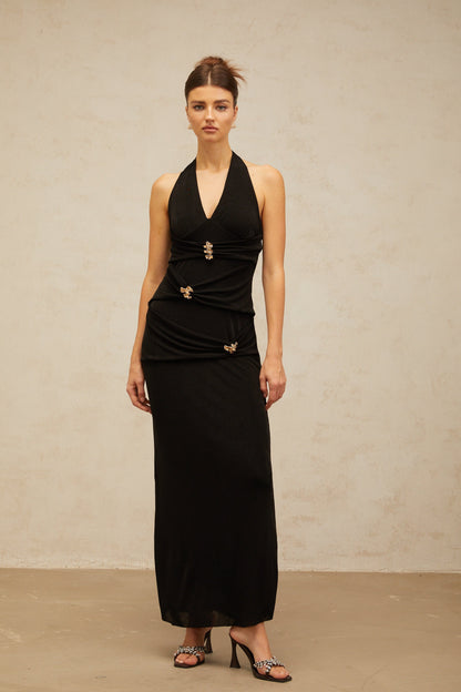 Bruyère black ruched halterneck maxi dress