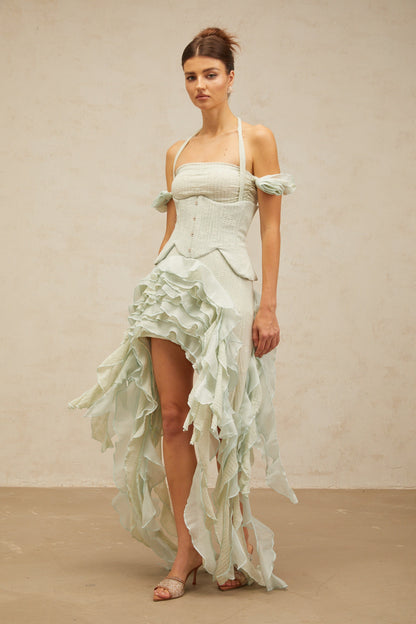 Patricia green floral-appliqué asymmetrical ruffled mini dress