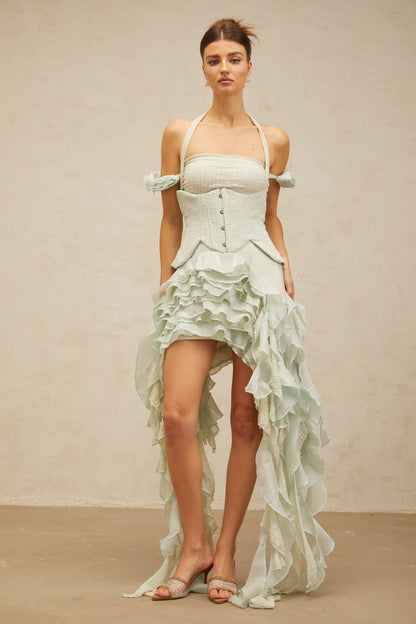 Patricia green floral-appliqué asymmetrical ruffled mini dress