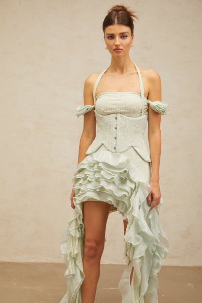 Patricia green floral-appliqué asymmetrical ruffled mini dress