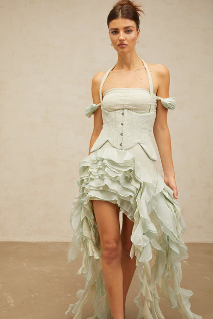 Patricia green floral-appliqué asymmetrical ruffled mini dress