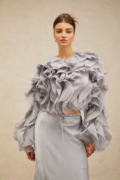 Zelda haze-blue bowknot ruffled blouse & skirt matching set