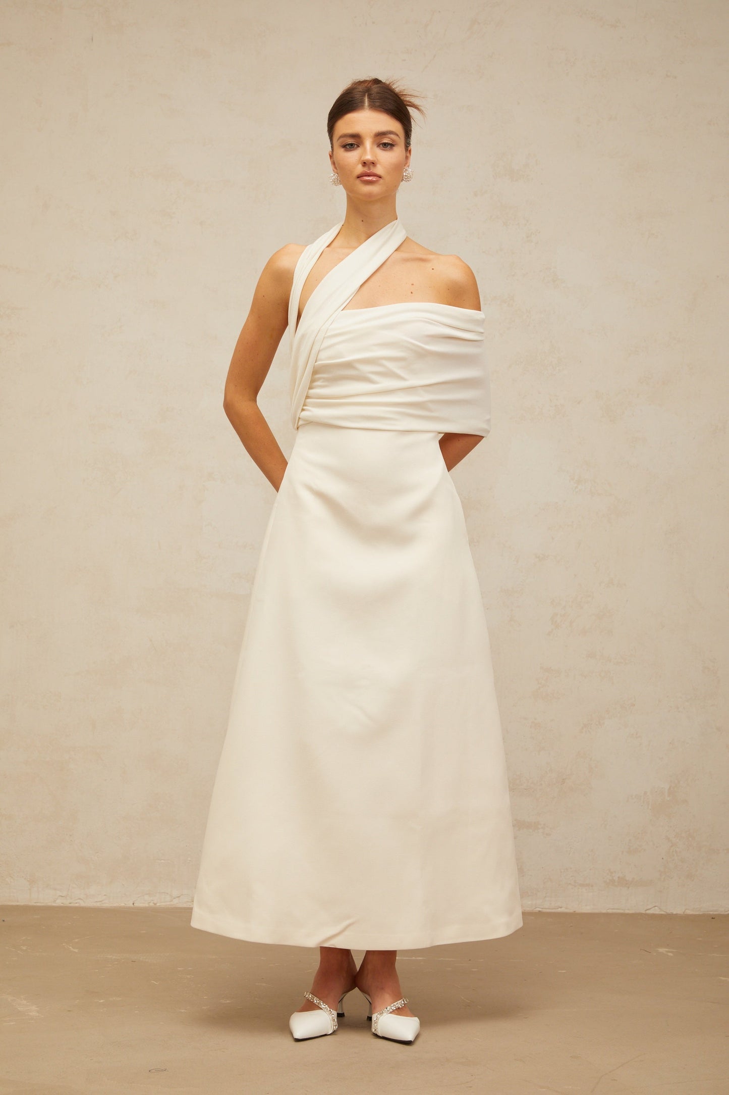 Solène cream-white asymmetrical midi dress