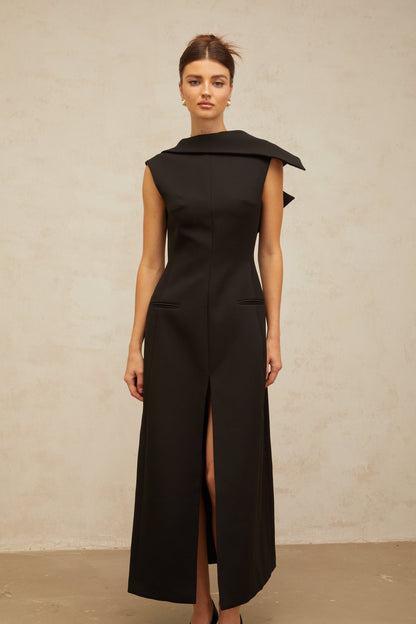 Léonore black deconstructed open-back midi dress