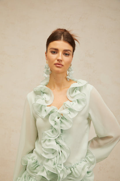 Noémie green flounced chiffon blouse & skirt matching set