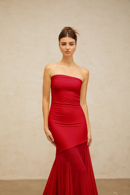 Josiane red off-shoulder sheer tulle maxi dress