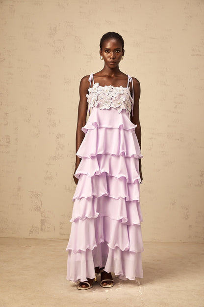 Wilhelmine purple sequined 3d-petal tiered maxi dress