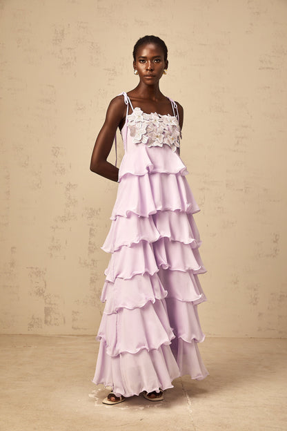Wilhelmine purple sequined 3d-petal tiered maxi dress