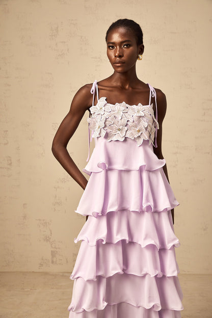 Wilhelmine purple sequined 3d-petal tiered maxi dress
