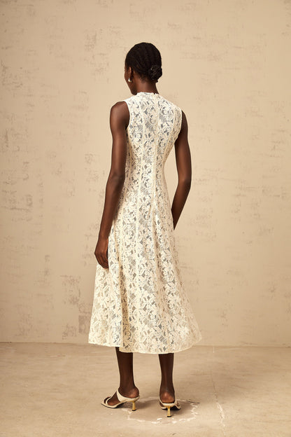 Edelie beige floral-lace flared midi dress