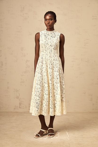 Edelie beige floral-lace flared midi dress