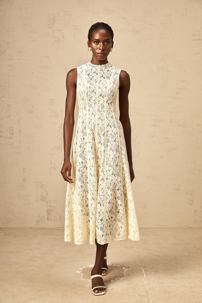 Edelie beige floral-lace flared midi dress