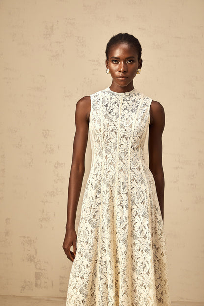 Edelie beige floral-lace flared midi dress