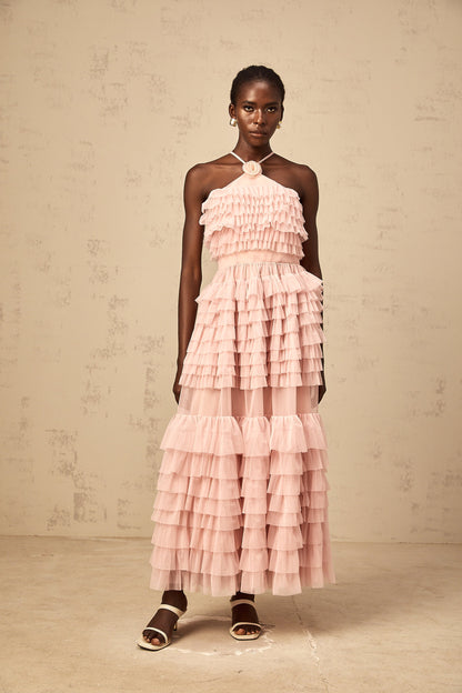 Isabelle pink petal-brooch ruffled tiered tulle maxi dress
