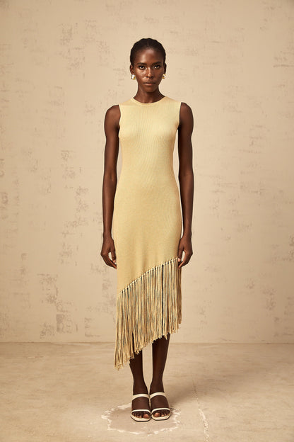 Yseult neutrals asymmetrical-fringe knitted midi dress