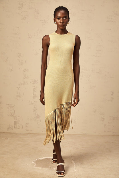 Yseult neutrals asymmetrical-fringe knitted midi dress