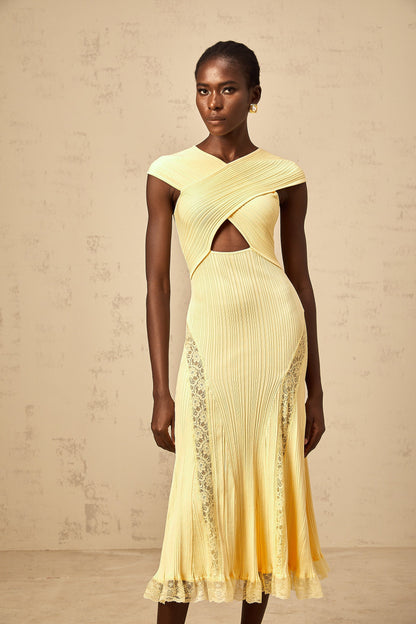 Airelle yellow lace-panelled rib-knit midi dress
