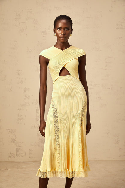 Airelle yellow lace-panelled rib-knit midi dress