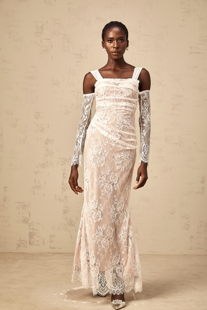 Bérénice white ruched floral-lace corset maxi dress