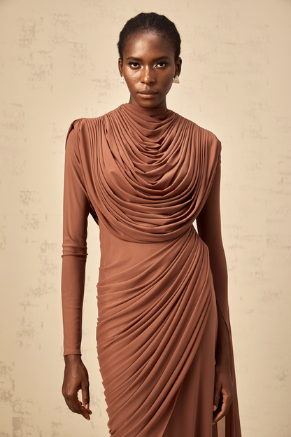 Danaé brown shirred-effect draped maxi dress
