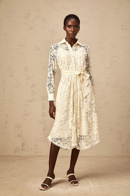 Juliette neutrals guipure-lace midi shirt dress