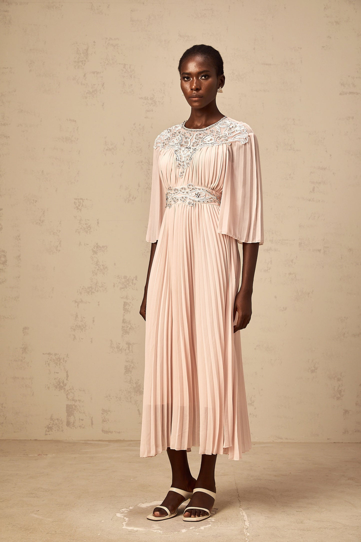 Théa pink crystal full-pleat midi dress