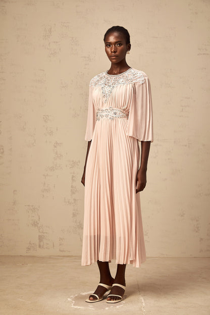 Théa pink crystal full-pleat midi dress