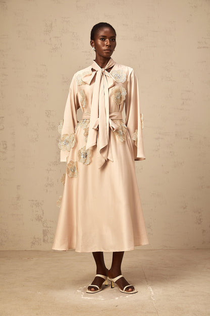 Orane tied floral-applique flared midi dress in Neutrals