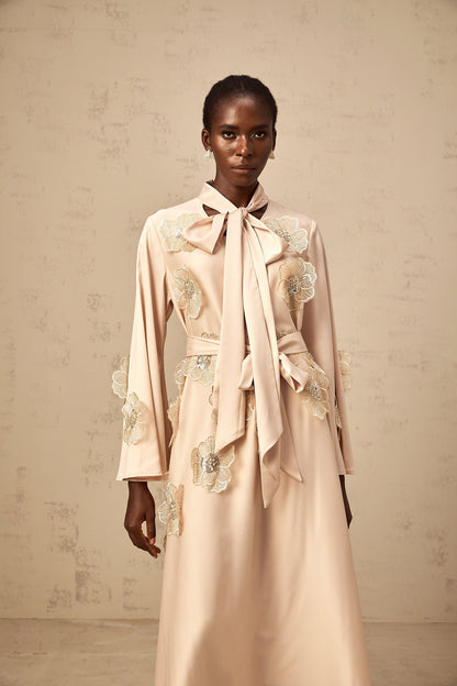 Orane tied floral-applique flared midi dress in Neutrals