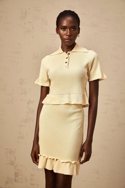 Reine yellow ruffled ribbed-knit top & skirt matching set