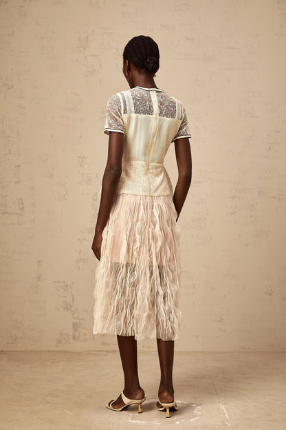 Sandrine beige embroidered tulle midi dress