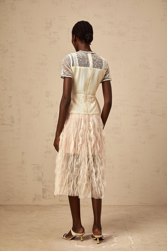 Sandrine beige embroidered tulle midi dress