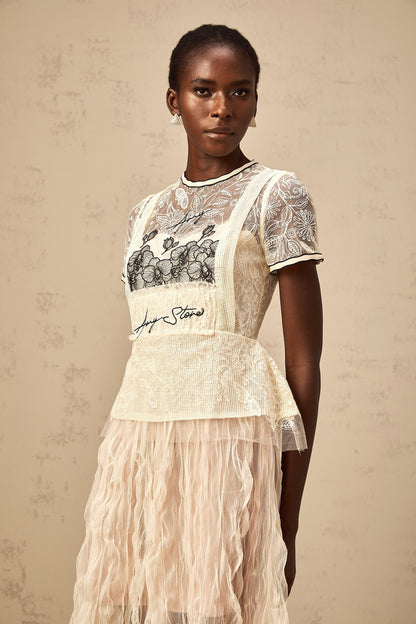 Sandrine beige embroidered tulle midi dress