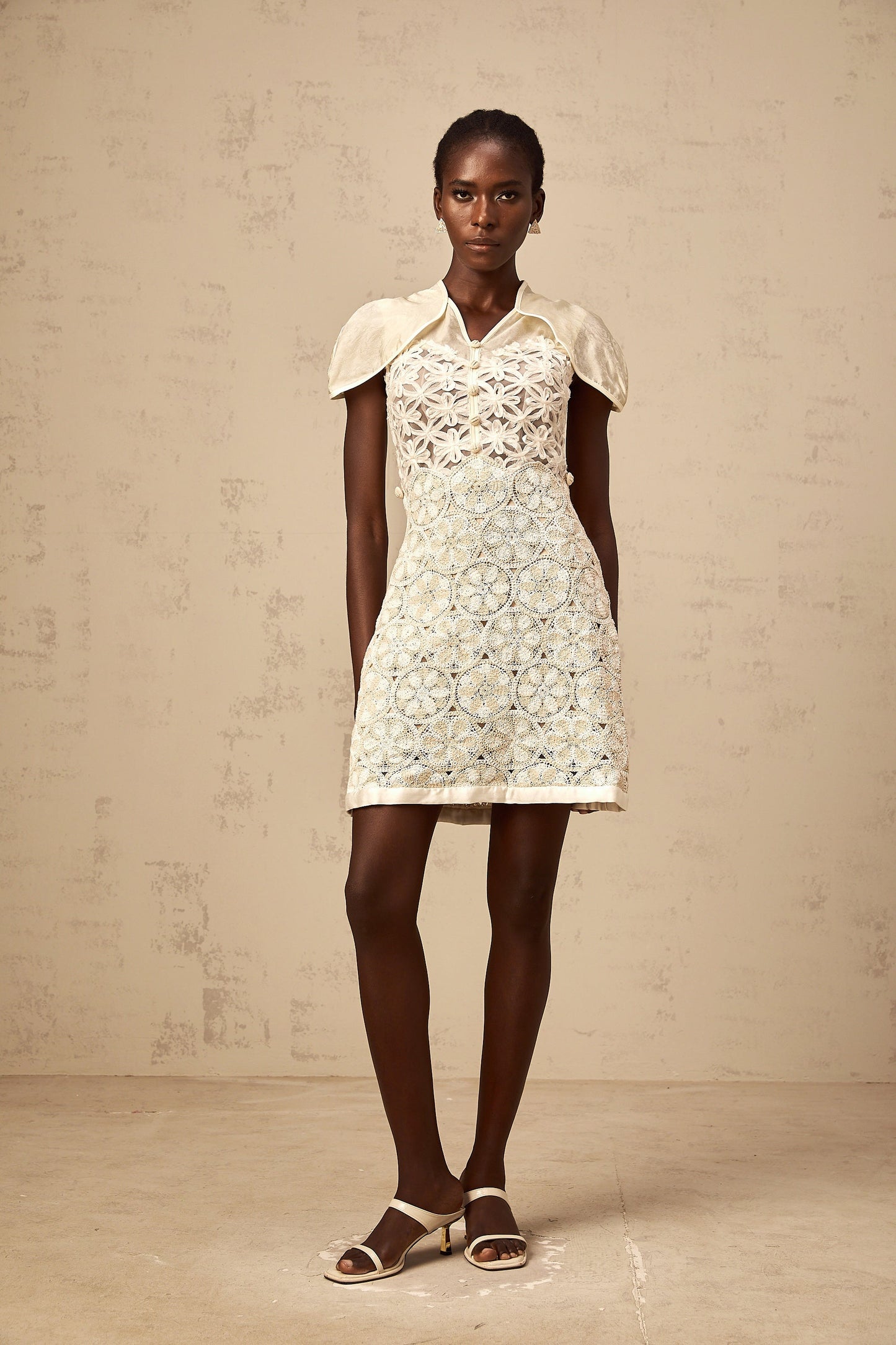 Wilhelmine cream embroidered panelled mini dress