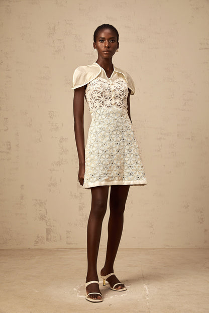 Wilhelmine cream embroidered panelled mini dress