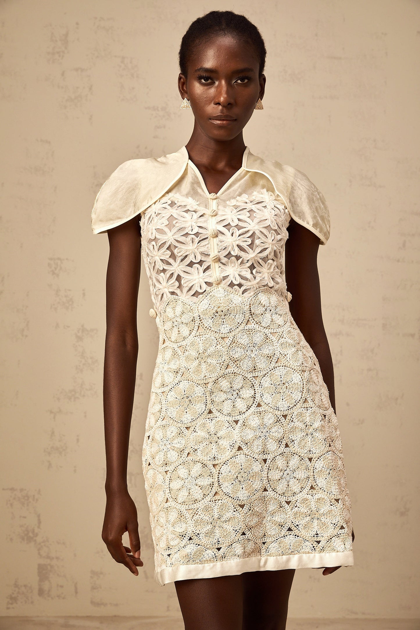 Wilhelmine cream embroidered panelled mini dress